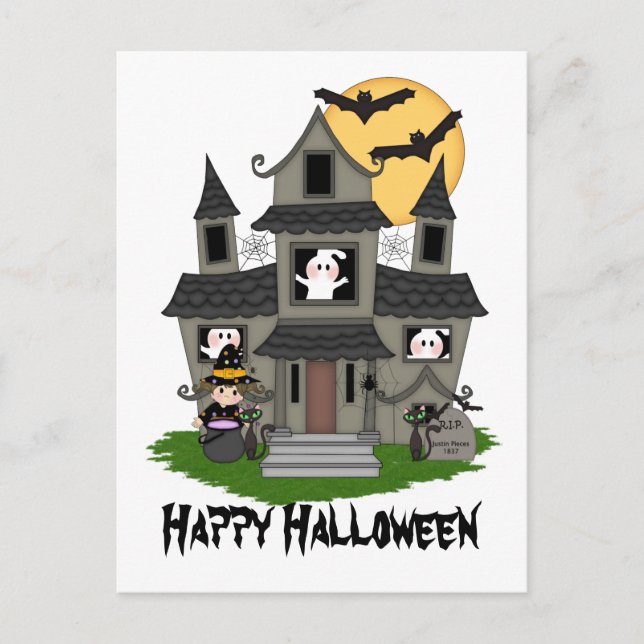 Halloween hemsökt hus och lilla häxvita vykort (Framsida)