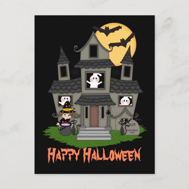 Halloween hemsökt hus och lite häxsvart vykort (Framsida)