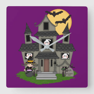 Halloween hemsökt hus och liten häxande lila fyrkantig klocka