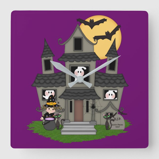 Halloween hemsökt hus och liten häxande lila fyrkantig klocka (Framsida)