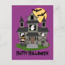 Halloween hemsökt hus och liten häxande lila