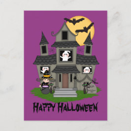 Halloween hemsökt hus och liten häxande lila vykort