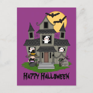 Halloween hemsökt hus och liten häxande lila vykort