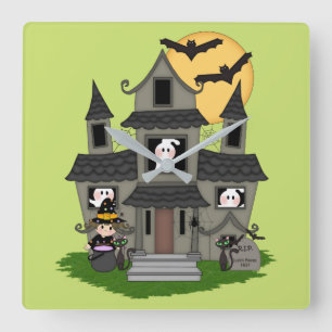 Halloween hemsökt hus och liten häxgrönt fyrkantig klocka
