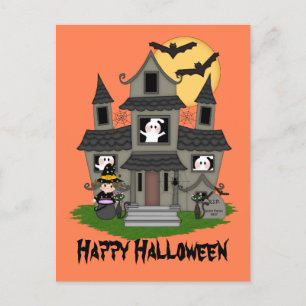 Halloween hemsökt hus och liten häxorange vykort