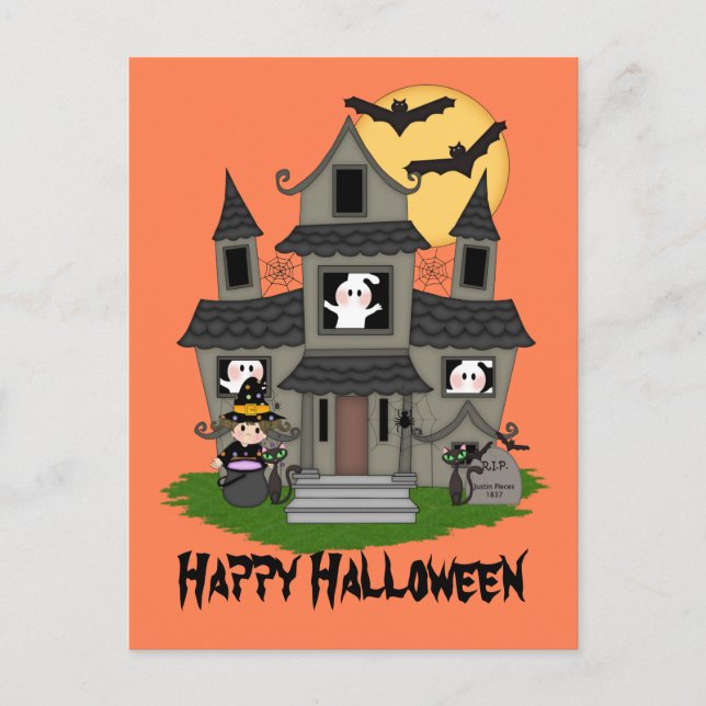 Halloween hemsökt hus och liten häxorange vykort (Framsida)