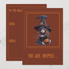 Halloween-Hexe mit Kürbis - Inbjudningar