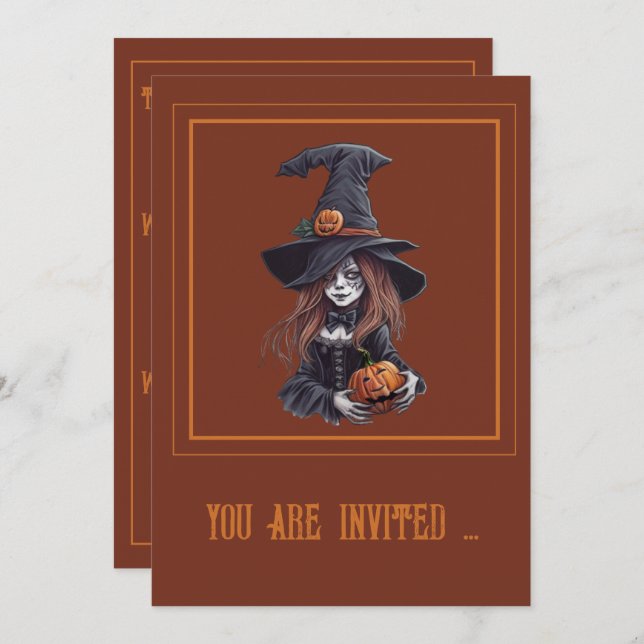 Halloween-Hexe mit Kürbis -  Inbjudningar (Fram/baksida)