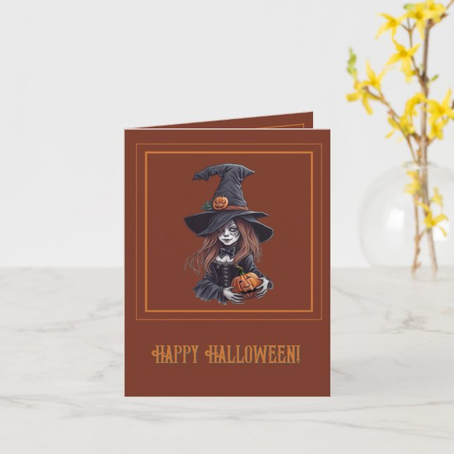 Halloween-Hexe mit Kürbis -  Kort (Gul blomma)