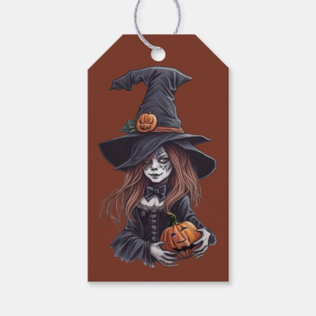 Halloween-Hexe mit Kürbis -  Presentetikett (Framsidan)