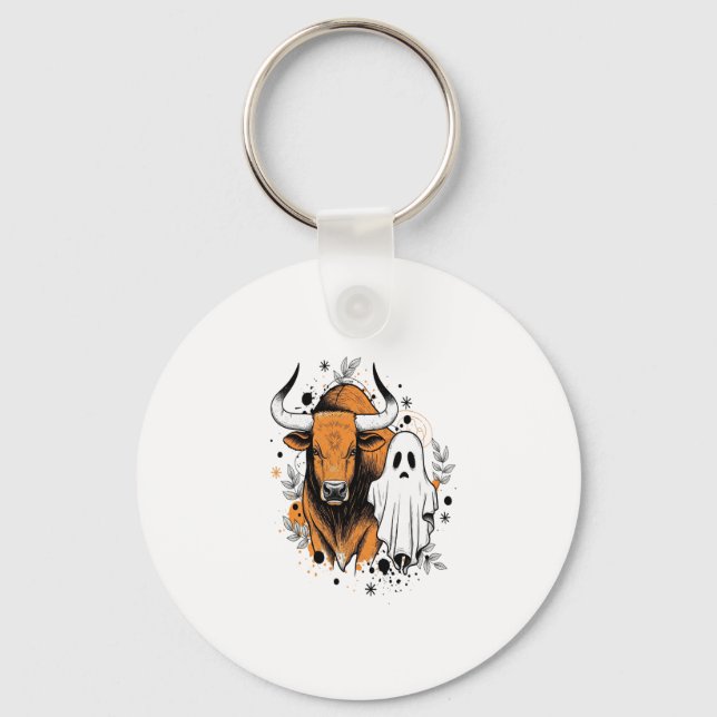 Halloween Highland Cow Cute Fall Nyckelring (Framsida)