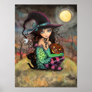 Halloween Hill Söt gotisk häxa och kattkonst Poster