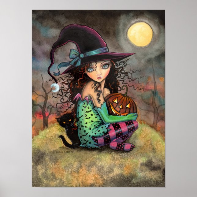 Halloween Hill Söt gotisk häxa och kattkonst Poster (Framsidan)