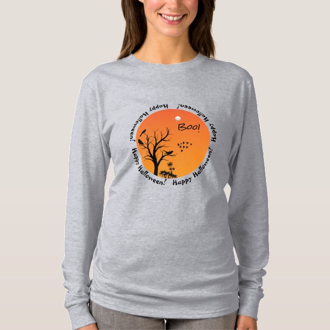 Halloween Himlar, svarta fåglar i Träd Silhouette T Shirt (Framsida)