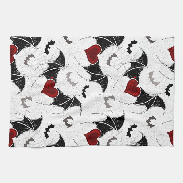 Halloween-hjärta med svart fladdermus vingar kökshandduk (Horisontell)