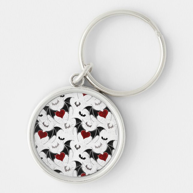 Halloween-hjärta med svart fladdermus vingar rund silverfärgad nyckelring (Framsidan)