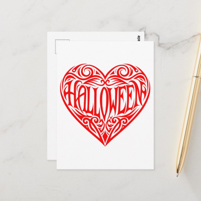 Halloween-hjärta, rött hjärta, högtid vykort (Fram/Back In Situ)