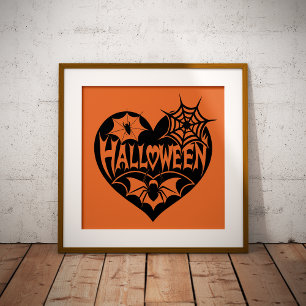 Halloween-hjärta, svart hjärta, spindelnät poster