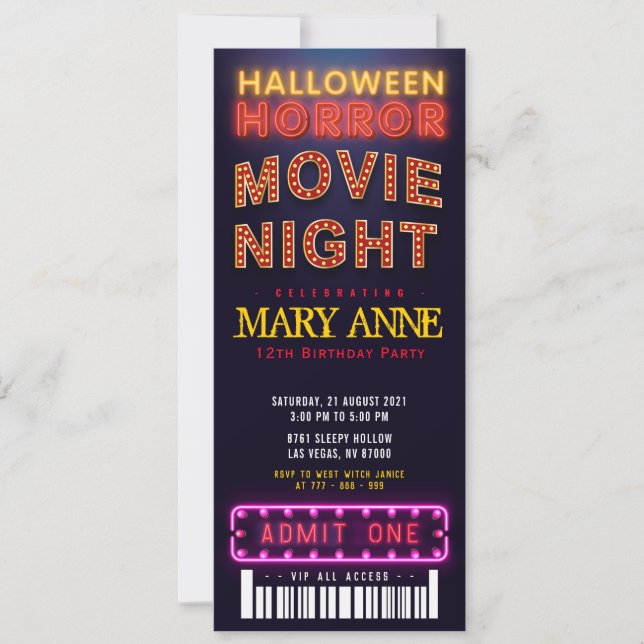 Halloween Horror Movie Party Biljett Pass Birthday Inbjudningar (Framsida)