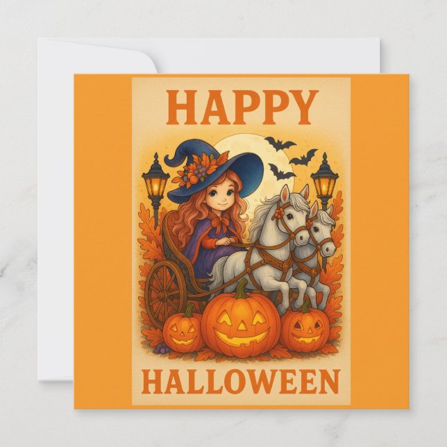 Halloween Horse and Carriage Cute Witch Card Kort (Framsida)