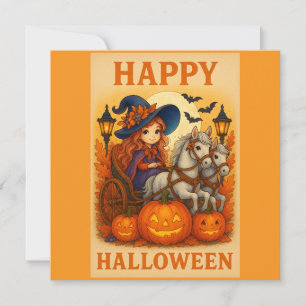 Halloween Horse and Carriage Cute Witch Card Kort