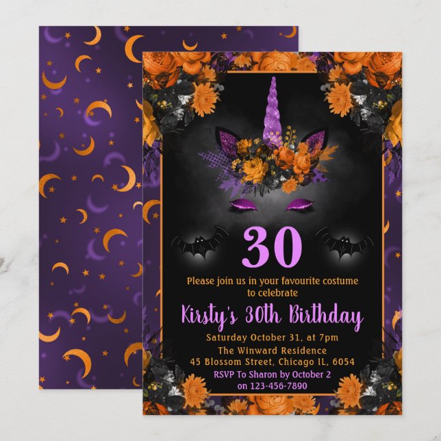 Halloween Höst Blommig Enhörning Ansikte Födelseda Inbjudningar (Fram/baksida)