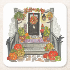 Halloween House Cat Underlägg Papper Kvadrat