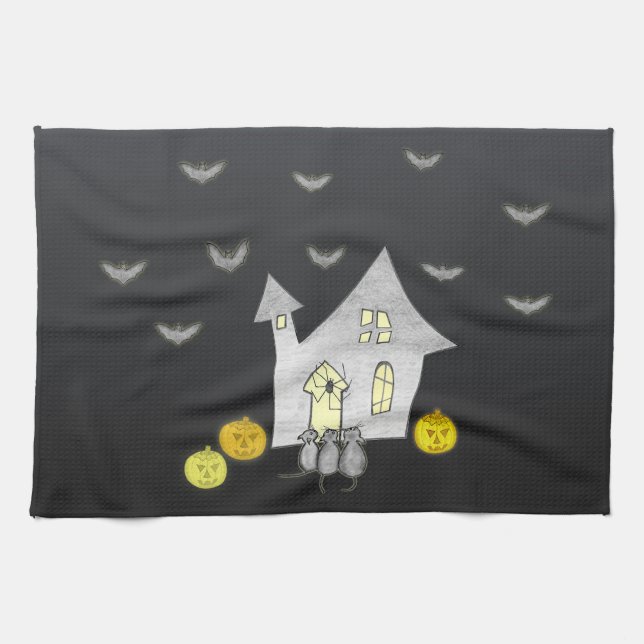Halloween House, Svarta katter, Fladdermus, Pumpki Kökshandduk (Horisontell)