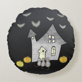 Halloween House, Svarta katter, Fladdermus, Pumpki Rund Kudde