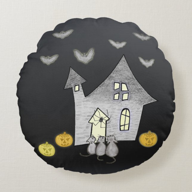 Halloween House, Svarta katter, Fladdermus, Pumpki Rund Kudde (Framsidan)