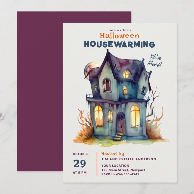 Halloween House Warming Haunted Home Watercolor Inbjudningar (Fram/baksida)