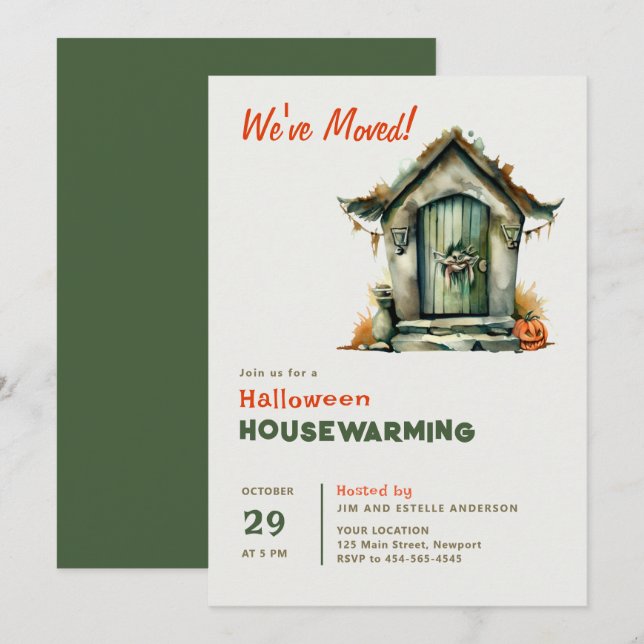 Halloween House Warming Monster Gräver Watercolor Inbjudningar (Fram/baksida)