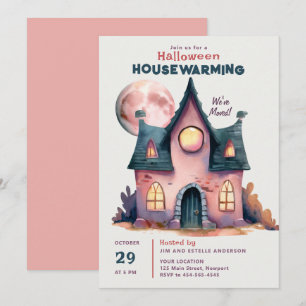 Halloween House Warming New Family Home Rosa Måne Inbjudningar