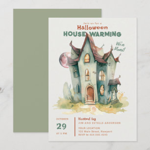 Halloween House Warming New Home Rosa Måne Art Inbjudningar