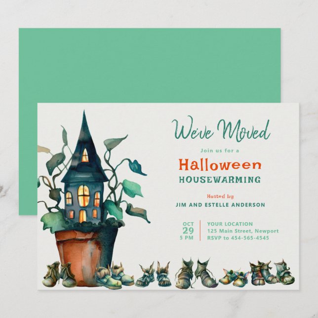Halloween House Warming Ny adress Shoes Plant Inbjudningar (Fram/baksida)