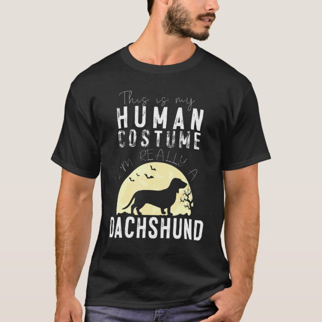 Halloween Human Costume Dachhund Måne Silhouette T Shirt (Framsida)