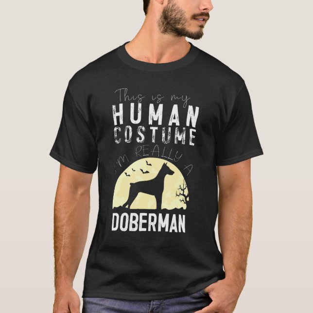 Halloween Human Costume Doberman Pinscher Måne Sil T Shirt (Framsida)