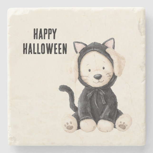 Halloween Hund i Kattkostym Stenunderlägg (Framsidan)