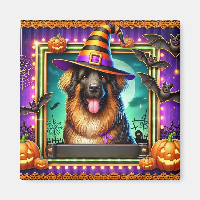 Halloween Hund Med Häxhatt Magnet (Framsidan)
