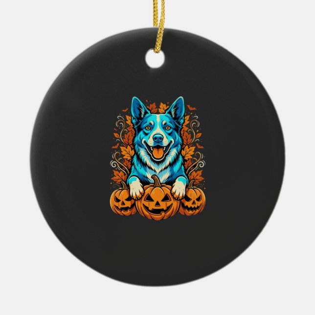 Halloween Hund Med Jack O Lantern Pumpa_1 Julgransprydnad Keramik (Framsidan)