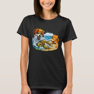 Halloween Hund och Katt Räddar en Fast Sköldpadda T Shirt