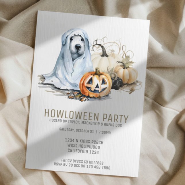 Halloween Hund Thmet Party Howloween Roligt Inbjudningar (Halloween Dog Themed Party Howloween Fun Invitations from Ricaso. Cute dog in a sheet ghost)
