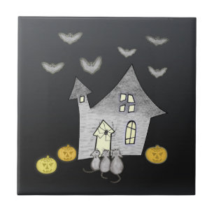 Halloween-hus, svarta katter, fladdermöss, pumpor kakelplatta