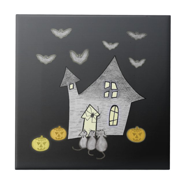 Halloween-hus, svarta katter, fladdermöss, pumpor kakelplatta (Framsidan)