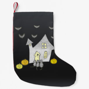 Halloween-hus, svarta katter, fladdermöss, pumpor liten julstrumpa