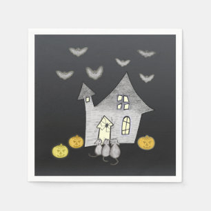 Halloween-hus, svarta katter, fladdermöss, pumpor pappersservett