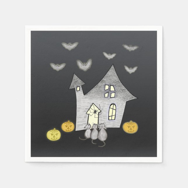 Halloween-hus, svarta katter, fladdermöss, pumpor pappersservett (Framsidan)