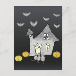 Halloween-hus, svarta katter, fladdermöss, pumpor vykort