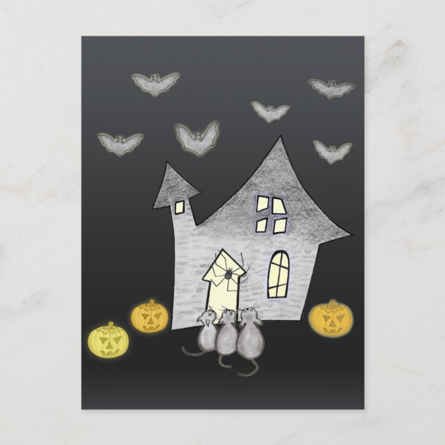 Halloween-hus, svarta katter, fladdermöss, pumpor vykort (Framsida)