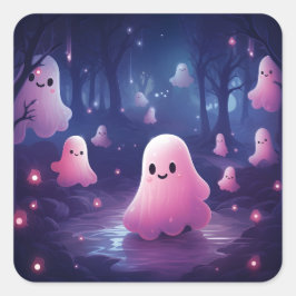 Halloween i Forest Cute Rosa Spöken Fyrkantigt Klistermärke